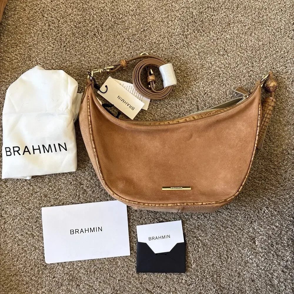 Brahmin Percy Tan Adrift Crescent‎ Crossbody Medium Handbag Leather Gold NWT